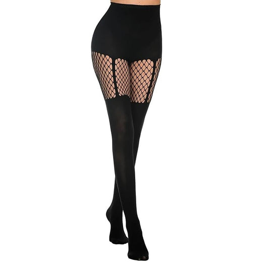 Black Hollow-Out Pantyhose Suspenders Fishnet Stockings