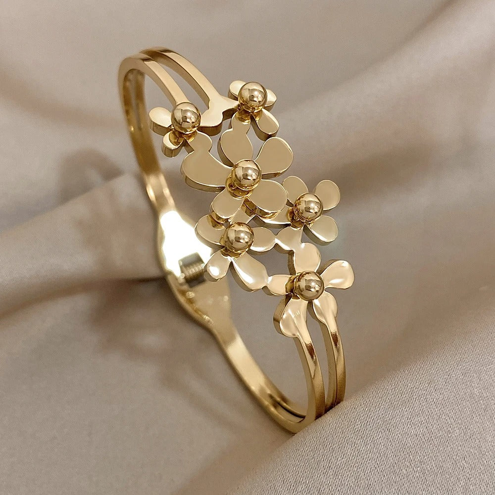 Stainless Steel Double Flower Cuff Bracelet Bangle