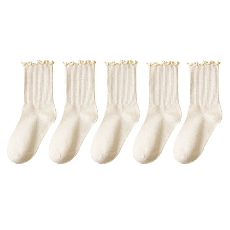 5 pair /Lot Socks for Women Ruffle Cotton Middle