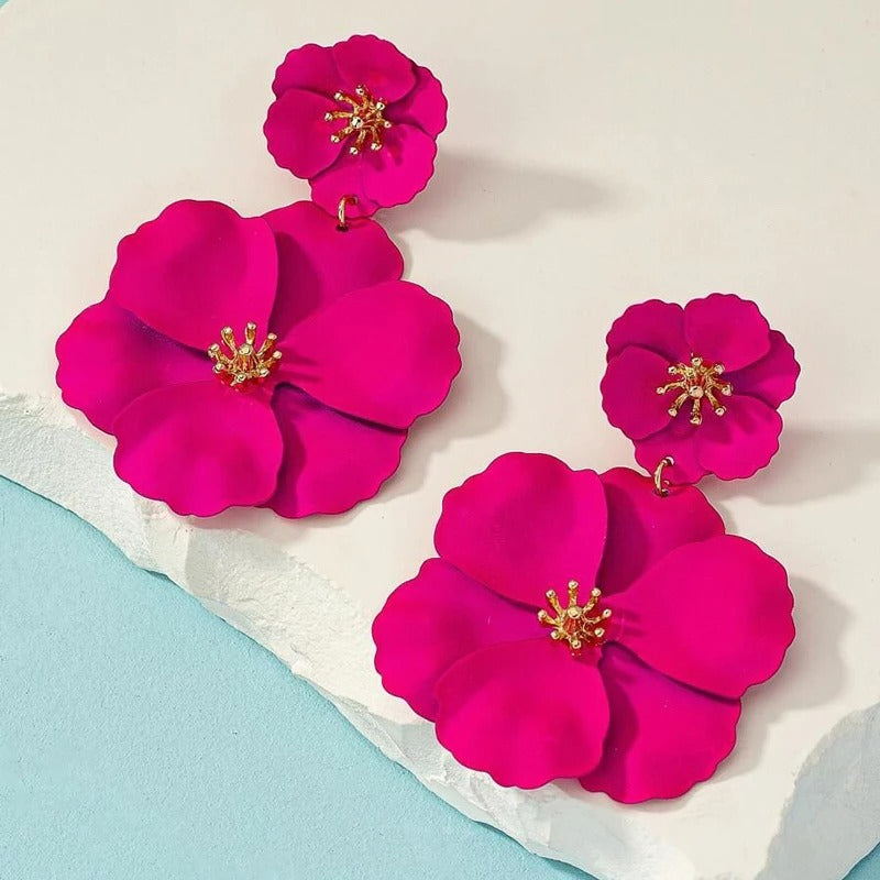 Women Fuchsia Flower Drop Earrings Gold Plating