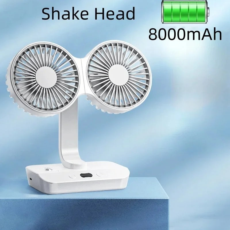 New Double Head Desktop Fan 4-Gears Wind Fast Cooling Digital Display 8000mAh