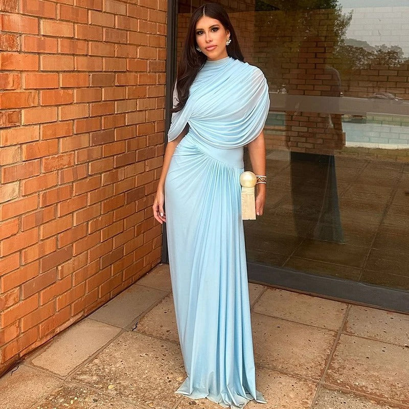 Shawl Long Dress Women Elegant Asymmetrical Chiffon Pleat Slim