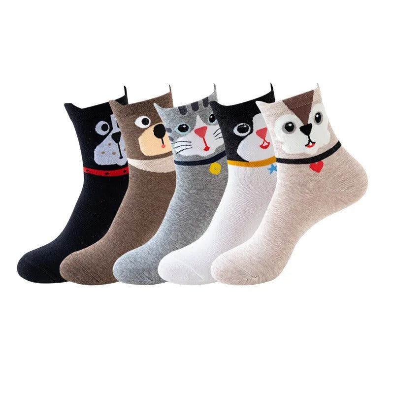 5 Pairs Women Socks Cartoon Cat Cute Funny