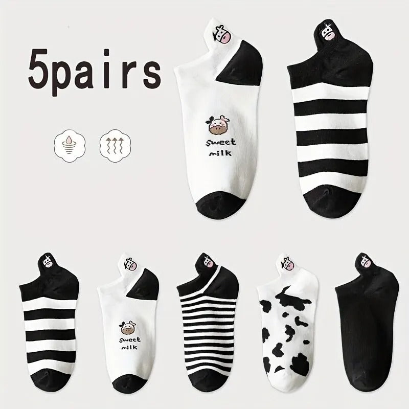 5 Pairs Women's Socks Lovely Cow Pattern Short Socks