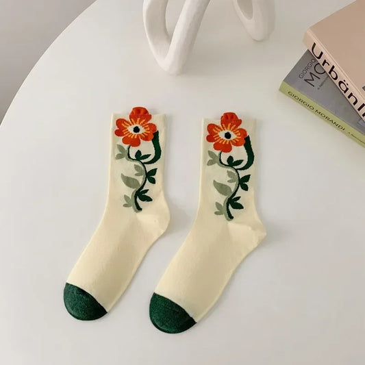 Women Socks Korean Japanese Style Cartoon Green Flower