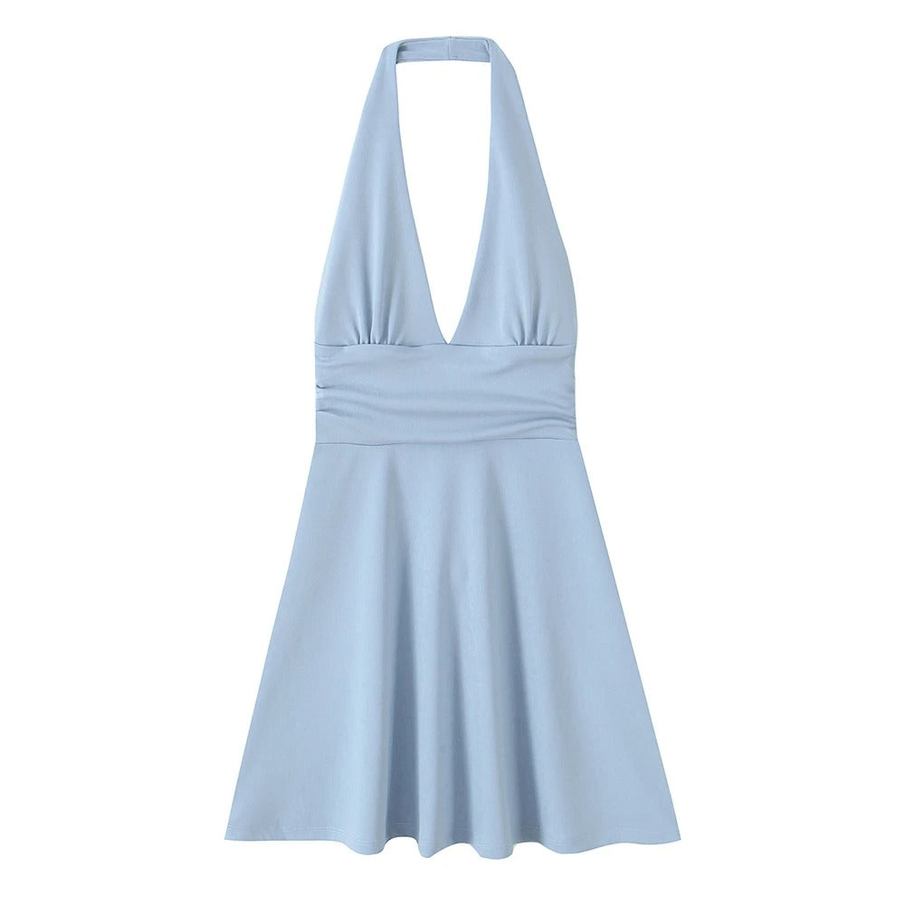 Women Fashion Gathered Mini Dress Halter Neck Backless