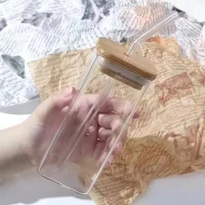 1Pcs Square Heat Resistant Coffee Glass Cup With Lid and Straw Transparent