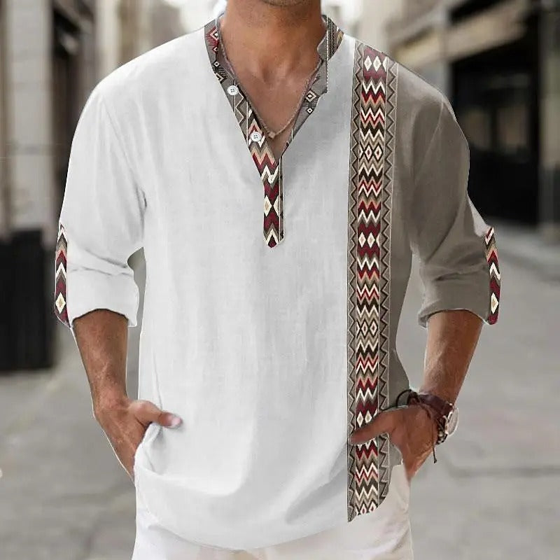 Autumn Henley Shirts Ethnic Style 3D Print Tops Blouse Men's