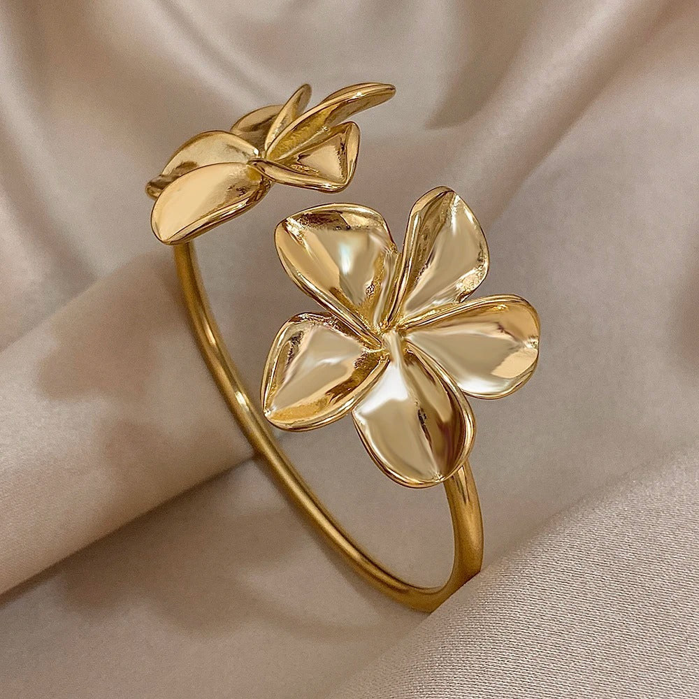 Stainless Steel Double Flower Cuff Bracelet Bangle