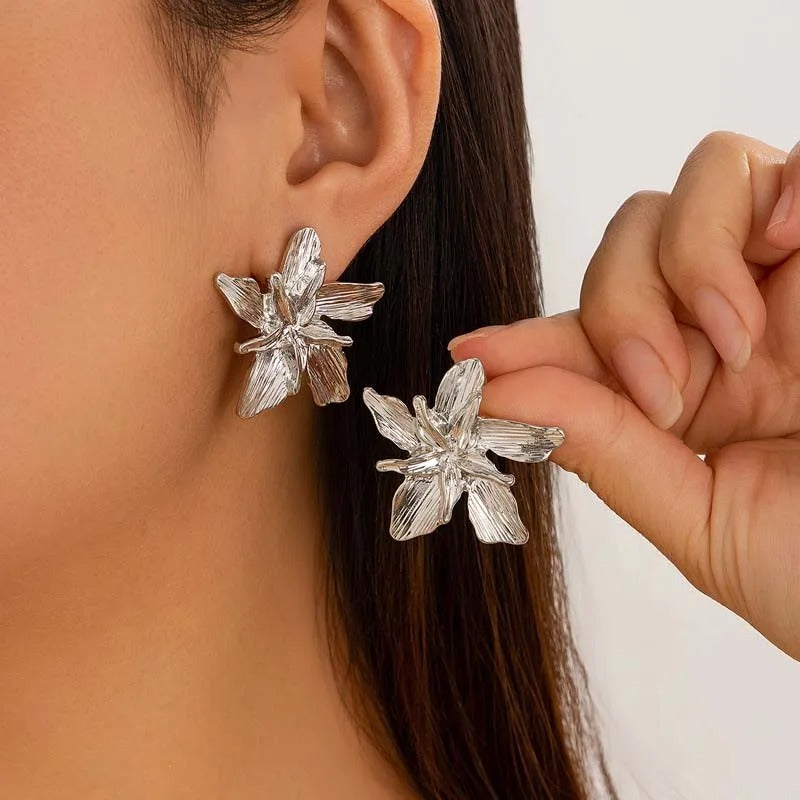 Metal Gold Color Flower Big Earrings For Women Fashion